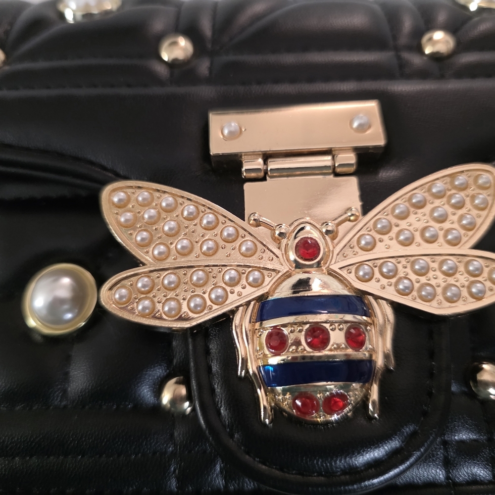 Black Quilted Faux Leather Bag with Bee Clasp & Adjustable Gold Chain - Picture 3 of 5
